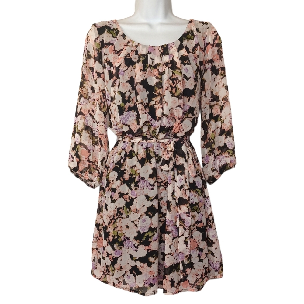 LILY ROSE Blush Pink Green Floral Print Black Mini Dress Medium